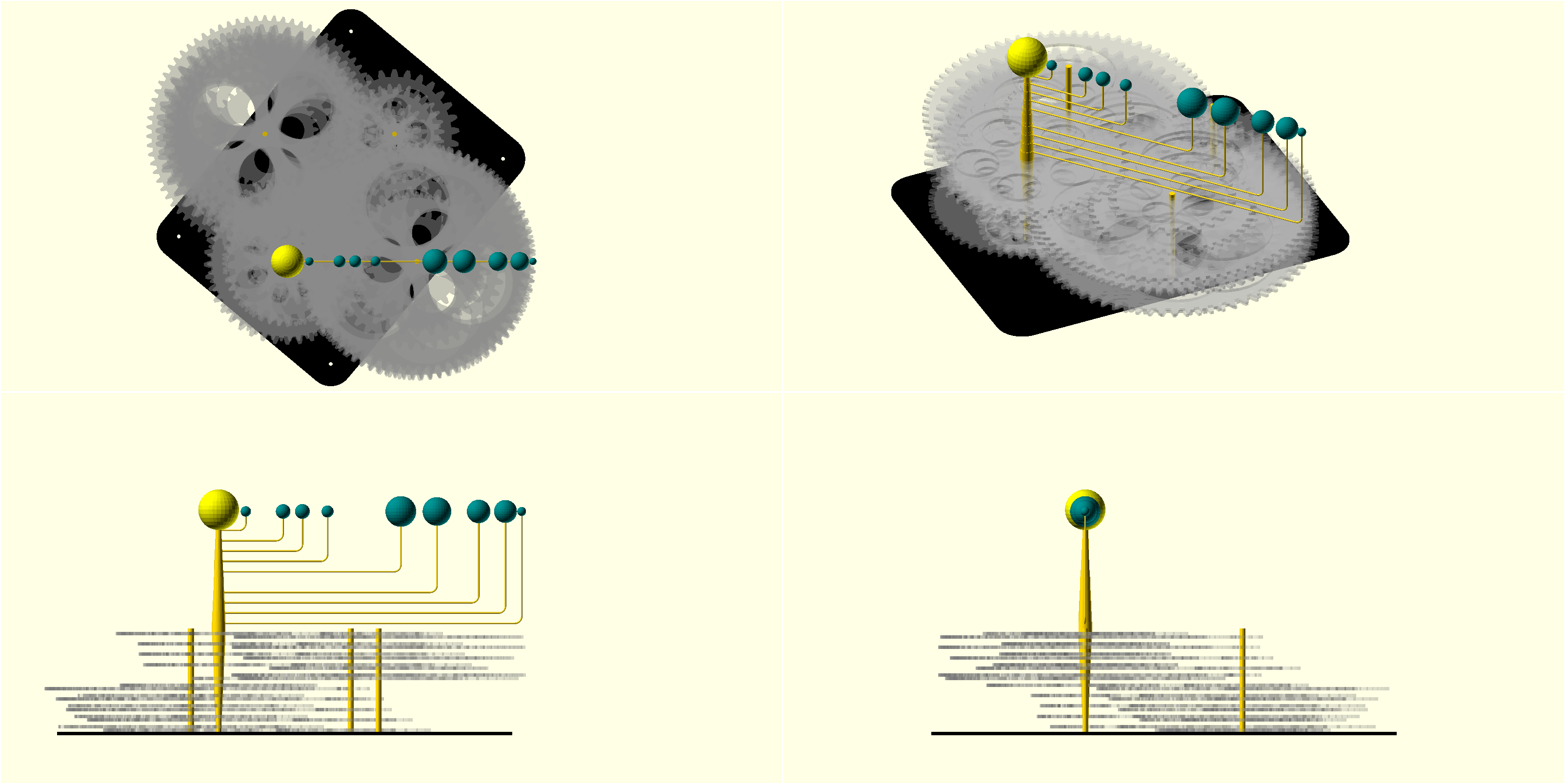 Image is composed of 4 screenshots (top, front, side, and orthographic) of OpenSCAD orrery model.